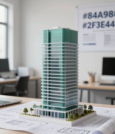 Architectural studio environment featuring technical blueprints and a model of a modern building. Lighting is bright and professional. Sophisticated aesthetic with colors reflecting the brand palette #84A98C and #2F3E46. Minimalist and organized composition conveying reliability.