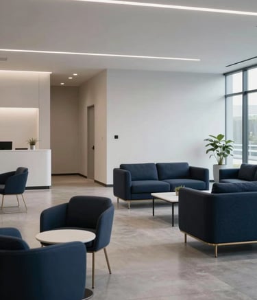 A wide-angle photography shot of a minimalist North American creative agency lobby with sleek architecture. The setting features professional furniture in deep navy blue and light grey tones under soft, innovative overhead lighting, creating a sophisticated and forward-thinking atmosphere.