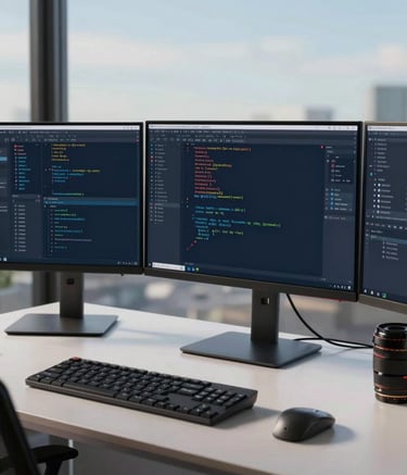 A professional studio shot of a modern tech-driven North American workspace. The scene features a desk with multiple monitors displaying clean code and high-end design software, illuminated by soft natural morning light, emphasizing deep navy and muted sky blue tones.