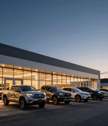 A wide-angle exterior shot of a modern car dealership at twilight. The building has clean glass lines and is illuminated with warm, sophisticated lighting. Several high-quality used pickup trucks and cars are parked neatly in front. The sky is a Deep Midnight Blue and Mist White gradient.