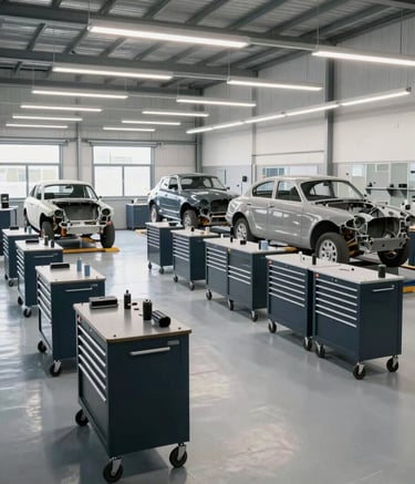 A wide-angle professional photograph of a clean, modern automotive workshop in Northern France. The scene features a spacious interior with polished floors, organized tool stations in dark blue and grey, and a vintage car undergoing restoration under soft, natural workshop lighting.