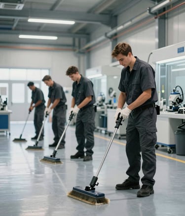 A clean, modern industrial facility in Central Europe / France. A team wearing Dark Slate uniforms operates professional cleaning equipment on a polished floor that reflects Mist-colored overhead lighting. Efficient and meticulous atmosphere.