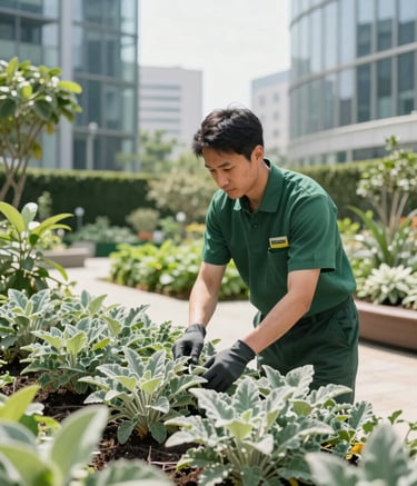 A professional landscaper in a Forest Green uniform maintaining a lush corporate garden in a Central European / French business district. The scene is bright with Soft Sage foliage, showing precision and eco-friendly practices. High-quality photography, daylight.