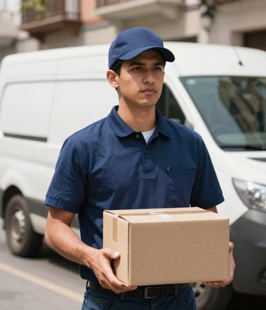 A professional courier in a navy blue uniform holding a cardboard package, standing in front of a white delivery van on a sunny street in a Latin American / Spanish city.