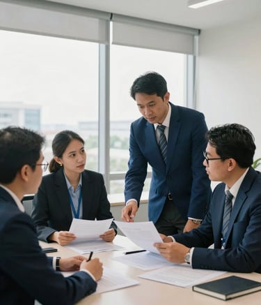 A group of professional academic consultants in a modern Southeast Asian / Indonesian office setting, discussing a scientific manuscript. The room is bright with large windows, featuring a palette of Deep Blue and Off-white. The atmosphere is collaborative and professional.