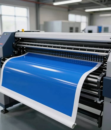 Professional wide-shot of a modern large-format industrial printer in a clean North American production facility, printing vibrant blue vinyl stickers, bright natural lighting, sharp focus.