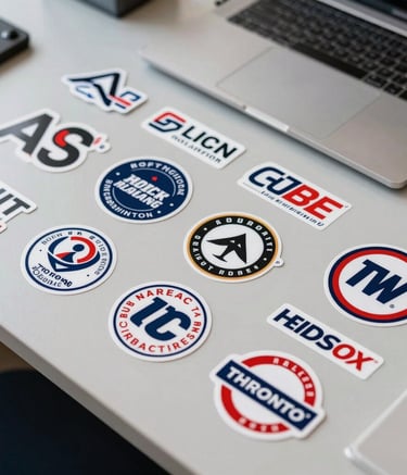 Overhead shot of various finished custom stickers—die-cut logos, laptop decals, and business branding—arranged neatly on a light grey designer's desk in a North American studio, bright clean style.