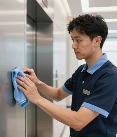 A professional cleaning expert in a North American / US office building, wearing a neat uniform with light blue accents, focusing on sanitizing a high-touch elevator panel with a microfiber cloth, bright and modern corporate lighting.