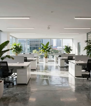 Wide shot of a pristine, modern open-plan office in Long Island City, North American / US corporate architecture, polished concrete floors reflecting bright daylight, sleek white desks, and vibrant green indoor plants.