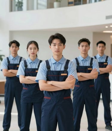 A group of professional cleaning staff in coordinated uniforms standing confidently in a clean, modern North American / US office lobby, bright lighting, representing trust and reliability.