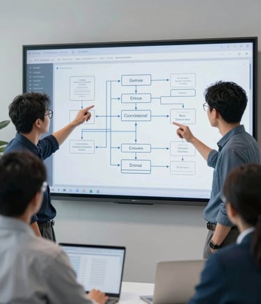 Professional software engineers in a Global / International collaborative workspace, discussing complex app architecture on a large digital screen. The environment is styled with muted steel blue and crisp pearl white, emphasizing a clean, cutting-edge professional vibe.