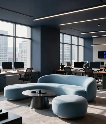 A wide-angle shot of a sleek, modern tech studio in a Global / International city. The space features deep charcoal navy accents and soft arctic blue furniture. Natural sunlight streams through large windows, creating a professional yet innovative atmosphere.