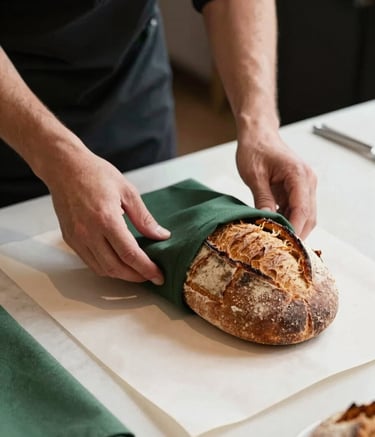 Behind-the-scenes action shot of a professional photography session for a local restaurant. A team member is adjusting a matte forest green napkin next to a rustic loaf of bread on a crisp parchment surface. Clean, professional lighting.