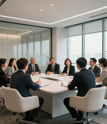 A group of real estate professionals collaborating in a modern North American / US conference room with high ceilings, glass walls, and minimalist off-white furniture. Professional atmosphere with soft natural lighting and beige accents.