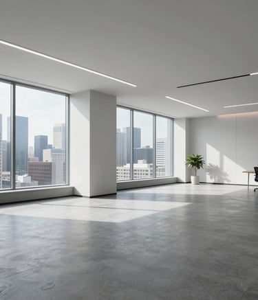 A wide-angle photography shot of a bright, minimalist office space in a modern North American / US city. Large windows show a skyline, while the interior features clean lines, soft gray textures, and professional lighting.