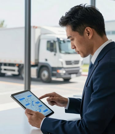 A professional logistics expert in a sleek office setting in Chile, looking at a digital tablet showing supply chain routes. In the background, through a large window, a modern cargo truck with clean lines is visible. The scene is dominated by professional tones of navy (#0A1F28) and light blue (#8DB6CC).