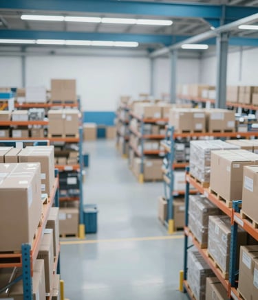 A high-angle shot of a bright, modern logistics warehouse in Chile with organized shelving and clean floors. The lighting is crisp and professional, with subtle blue accents (#8DB6CC) on the structural beams and equipment, reflecting an efficient and high-tech atmosphere.