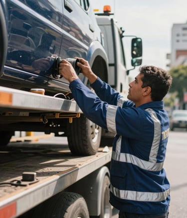 Close-up of a professional tow truck operator in a high-visibility uniform with navy and light blue accents, securing a vehicle on a flatbed. South American city street setting during the day, bright and professional lighting, focus on safety and reliability.