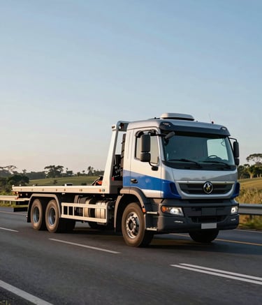 A modern flatbed tow truck driving along a scenic Brazilian highway under a clear sky. The truck is clean, featuring steel blue and navy branding. The composition is wide, conveying a sense of movement and efficient service.