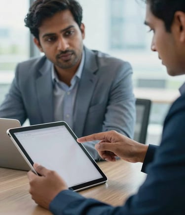 A close-up photograph of a professional meeting in a bright, modern Bangalore office. A South Asian / Indian business consultant is pointing at a clean digital tablet screen during a discussion. The atmosphere is professional and high-tech, with soft natural light. Palette accents of slate blue and pale blue are visible in the office decor.
