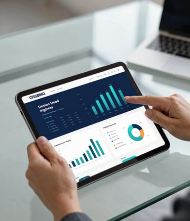 A close-up shot of a modern glass-top desk with a tablet displaying business analytics and charts. Professional hands are visible in a strategic gesture. The lighting is clean and natural, incorporating the brand colors of dark navy and teal through office decor and interface design.