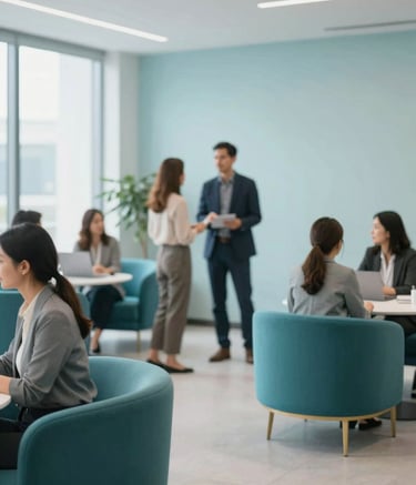 A wide shot of a bright, modern consulting office with a clean and sophisticated atmosphere. Professionals are seen interacting in a supportive and innovative environment. The color palette features #2C5F6D teal accents in the furniture and #E8F3F5 light blue in the walls.