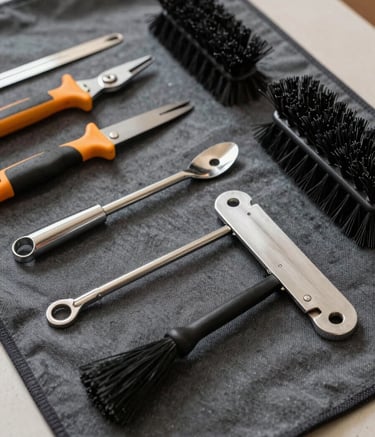 Close-up photography of professional chimney cleaning tools and brushes laid out neatly on a charcoal grey protective cloth in a North American / US residence. The composition is clean and sturdy, emphasizing expert equipment and technical precision.