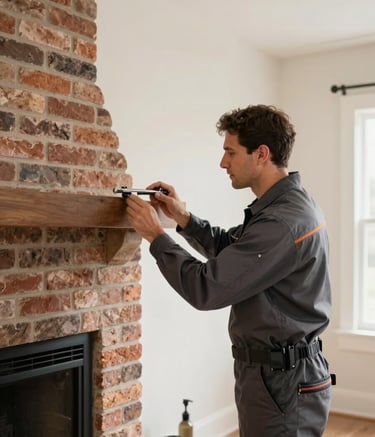 A professional chimney technician wearing a charcoal grey uniform, inspecting a brick fireplace inside a clean, modern North American / US home. The room features soft off-white walls and minimalist decor. High-quality professional lighting creates a trustworthy and expert mood.