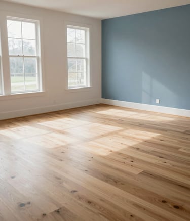 A high-angle architectural photograph of a minimalist North American living room, showing impeccably clean hardwood floors and large windows. The space is filled with soft afternoon sunlight and features a sophisticated palette of soft white and steel blue.