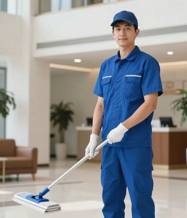 A professional cleaning crew member in a clean uniform standing in a bright, modern US lobby, holding a professional mop. The composition is clean and trustworthy, featuring a color scheme of deep blue and soft white.