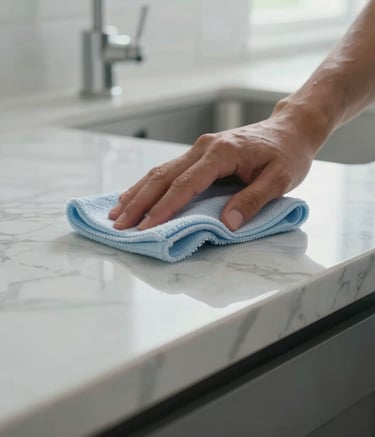 A close-up photograph of a professional cleaning technician's hands in a North American home, using a soft cloth to polish a marble kitchen countertop until it gleams. The lighting is bright and natural, reflecting a soft white and light blue palette for a clean, modern aesthetic.