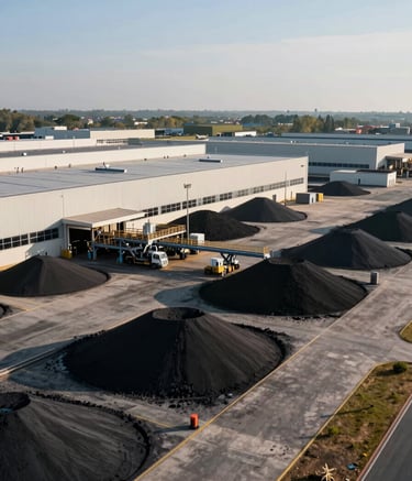 A high-angle professional photograph of a modern industrial logistics hub in North America during the day. The scene conveys stability and efficiency with clean lines, muted blue and tan color tones, and soft natural sunlight. Focus on the sophisticated infrastructure used for iron ore distribution.