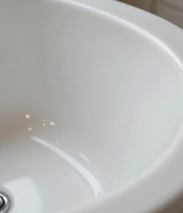 Close-up of a high-gloss white bathtub surface showing a perfect mirror-like finish, sharp focus on the texture of the porcelain, bright natural light, North American / US (New York) residential setting.