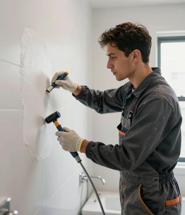 A professional technician in clean work gear carefully preparing a bathroom for reglazing in a New York apartment, focused action shot, industrial premium aesthetic, ample white space around the subject.