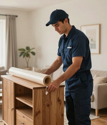 A professional mover in a navy blue uniform carefully wrapping a large wooden cabinet with protective film in a modern North American living room. Warm, trustworthy atmosphere, soft natural light.