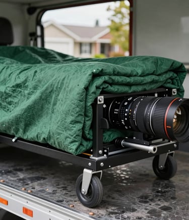 Close-up of specialized moving equipment, including high-quality dollies and thick green moving blankets, being used inside a spacious truck. North American suburban setting. Sharp focus, clean professional style.
