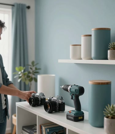 A bright and airy South American modern apartment living room with soft light. A person is organizing a shelf where various high-quality shared household items like a camera and a cordless drill are neatly placed. The scene uses soft ice blue and muted teal tones in the decor.