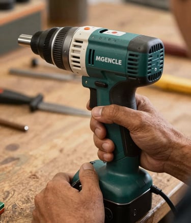 Detailed photography of a person's hands in a South American workshop setting, carefully inspecting a high-end power tool. The lighting is warm and natural, highlighting the clean, reliable condition of the equipment. Colors include dark sea green and off-white.