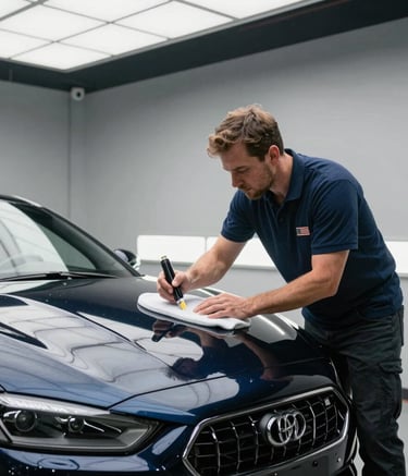Professional car detailer in a clean, modern Lebanon, New Hampshire garage, carefully polishing a black sports car. Soft overhead lighting highlighting steel blue and deep navy tones, North American / US style.