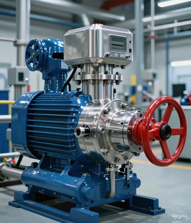 A high-precision diesel fire pump set in a modern industrial plant, showcasing polished steel surfaces and red-painted pipework. The environment is clean and professional, with lighting reflecting off surfaces in Cool Steel Blue and Mist Grey.