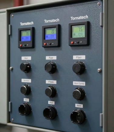 Detailed close-up of a Tornatech fire pump control panel featuring digital displays and high-quality industrial switches. The panel is mounted on a Mist Grey wall, with the overall palette focused on Dark Slate Navy and professional cool tones.