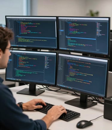 A high-detail photograph of a software engineer in a North American corporate office working with multiple high-resolution monitors displaying complex lines of code and data visualizations, with a professional atmosphere and muted blue and off-white lighting.