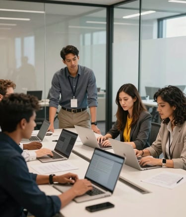 Professional photography of a diverse North American tech team collaborating in a bright, modern corporate meeting room, with glass walls and off-white interiors reflecting a tech-forward and efficient work culture.