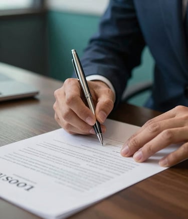 Close-up photography of a professional signing a contract in a North American / US office. Focus on hands, a sleek pen, and high-quality paper. Background includes hints of teal and dark blue office accents with soft, professional lighting.