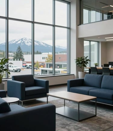 Photography of a modern office lobby in Spokane, Washington. Minimalist furniture in dark blue and light grey. Professional North American / US corporate setting, natural daylight from large windows, exuding trust and reliability.