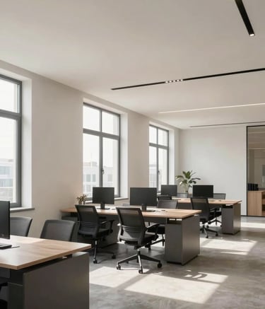 A wide-angle professional photograph of a bright, modern architectural office space. Soft off-white walls and charcoal grey furniture create a professional atmosphere. Natural light streams through large windows, highlighting a clean and sophisticated workspace.