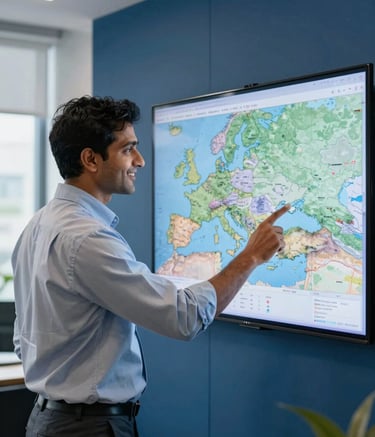 A professional migration consultant in a modern South Asian / Indian office in Noida, smiling while pointing at a digital map showing Europe and Australia. The environment is professional and efficient, with Deep Blue office decor and bright natural lighting.