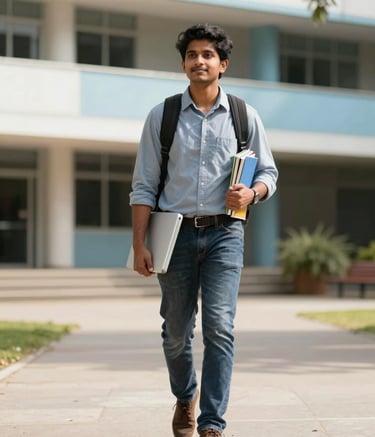 A confident South Asian / Indian student walking through a sunny university campus in Australia, carrying a laptop and books. The atmosphere is aspirational and supportive, with accents of Light Blue and Off-white in the background architecture.