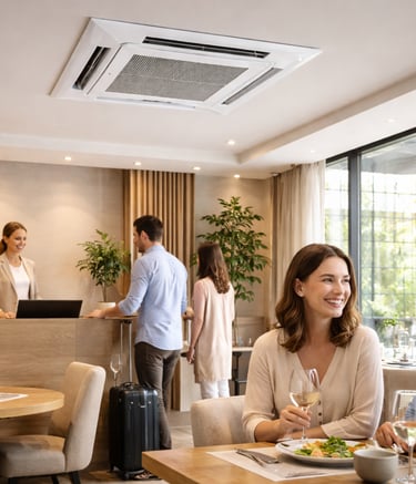 A couple dining in a hotel restaurant with a ceiling-mounted cassette air conditioner unit overhead.