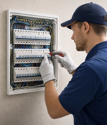 Professional electrician wearing gloves while repairing a modern home electrical circuit breaker panel.